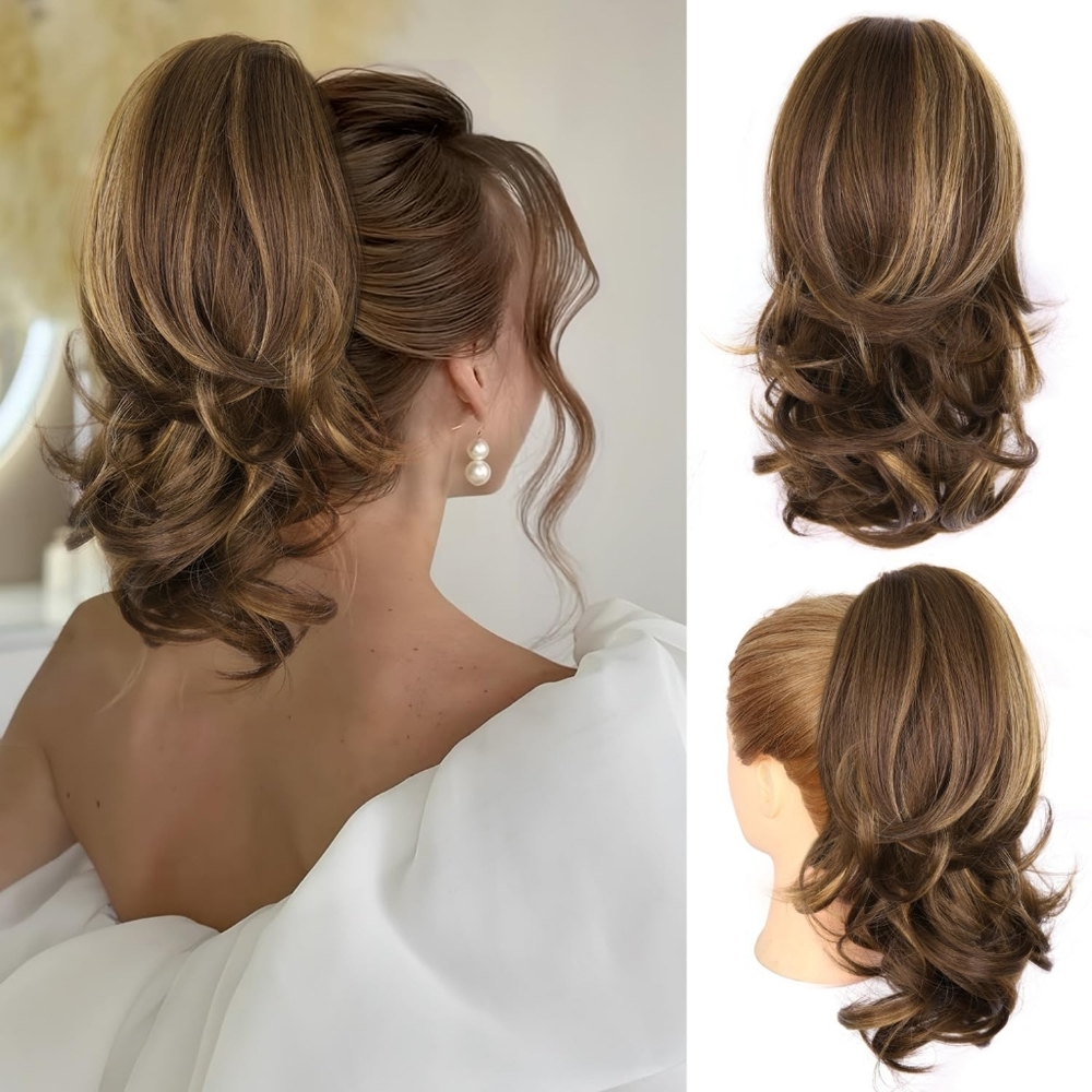 Clip-In Ponytail‎ Extension 14” Chestnut Brown w/ Golden Highlights Curly Wavy